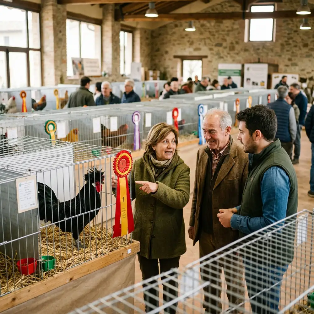 A vibrant scene from a poultry show with ribbons on cages and attendees discussing the birds.