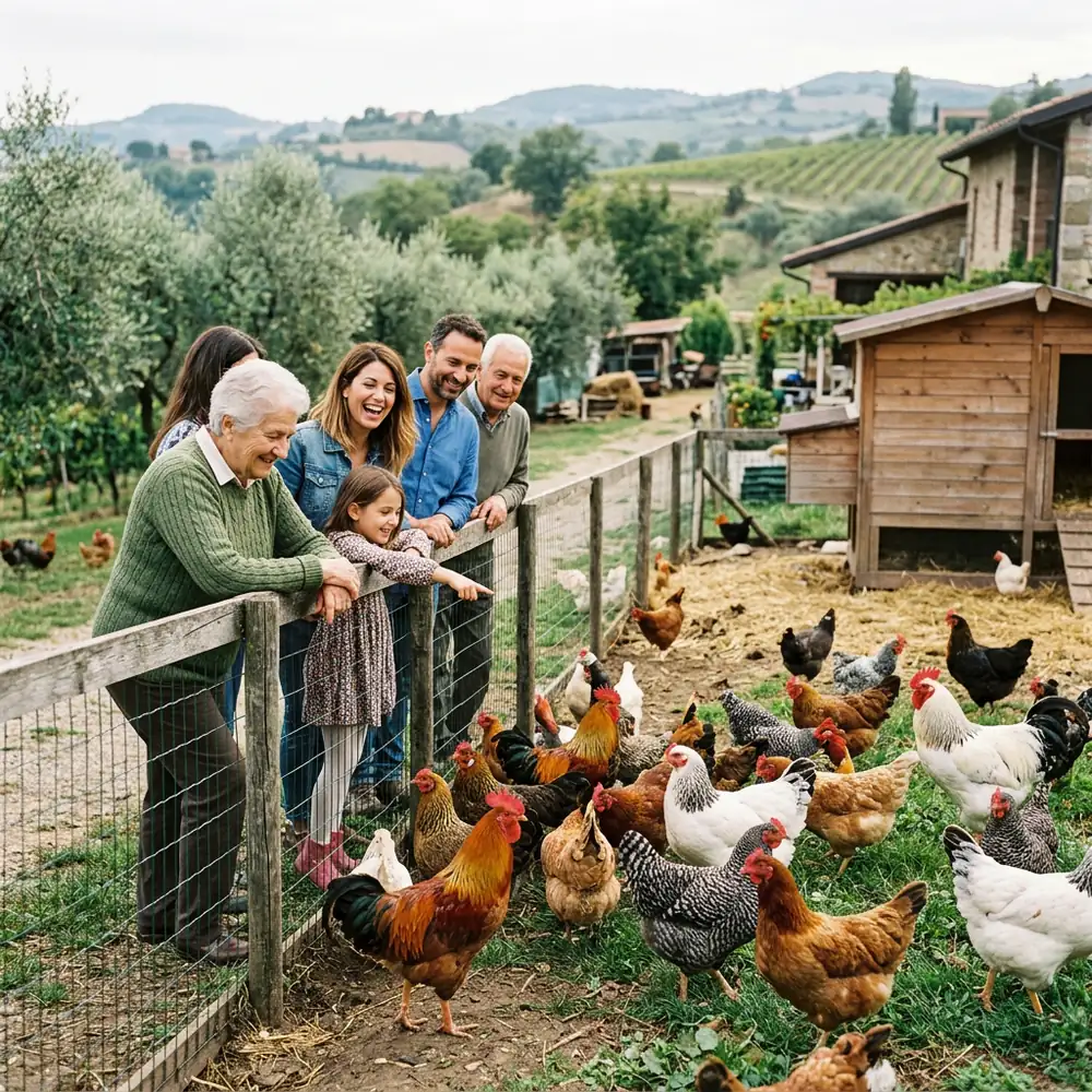 A group of smiling people of various ages gathered outdoors at a farm, looking at a flock of chickens.