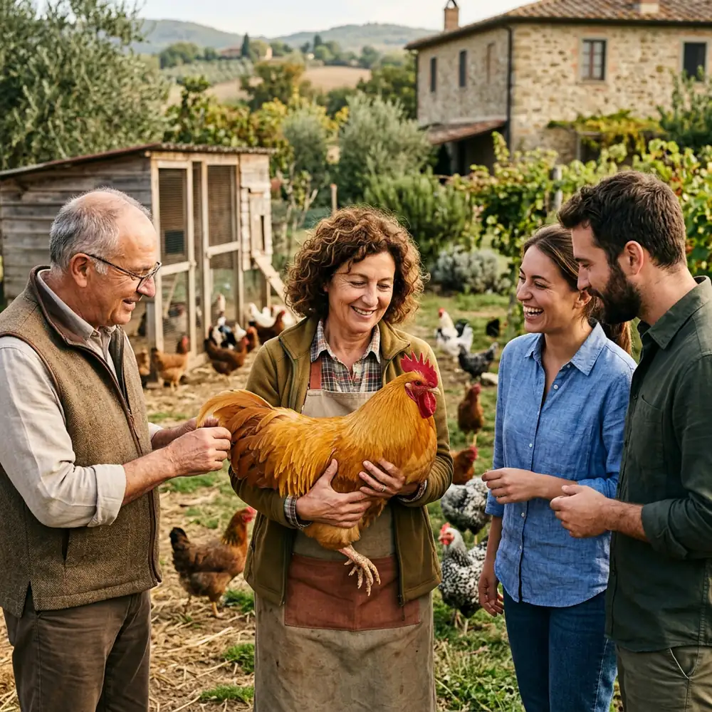A group of friendly poultry breeders examining a beautiful rooster together outdoors.