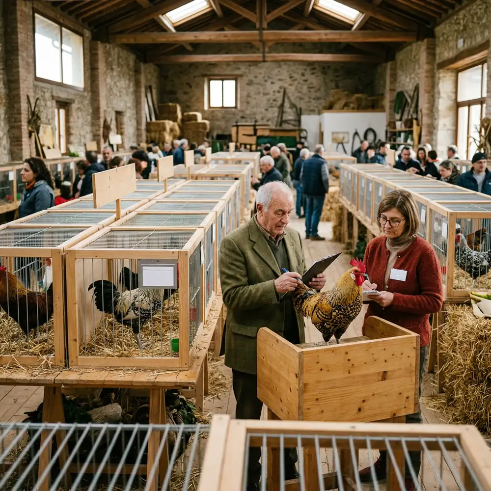 A well-organized poultry exhibition with neat cages and judges evaluating the birds.