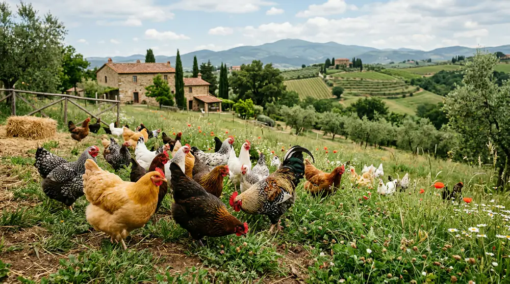 A diverse flock of healthy, colorful chickens free-ranging in a lush green Italian countryside setting.