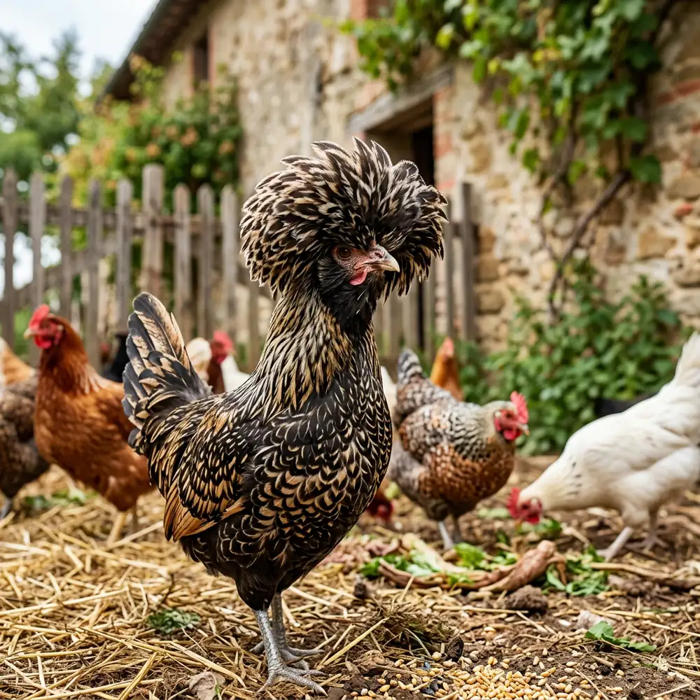 A close-up portrait of a striking Padovana chicken with its characteristic large crest.
