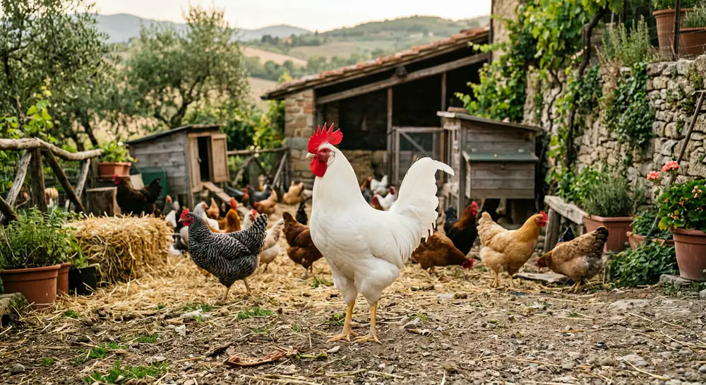 A pristine white Livornese (Leghorn) rooster standing proudly in a rustic farmyard.