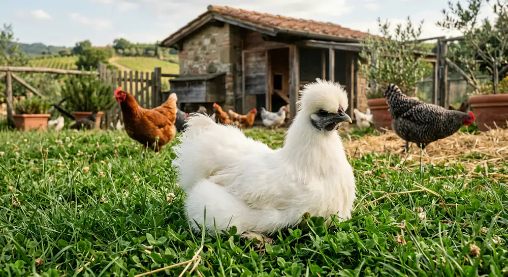 A fluffy white Silkie chicken resting on green grass.